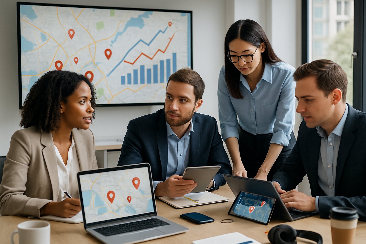 A group of business professionals working together with laptops and tablets showing maps and charts in a bright office.